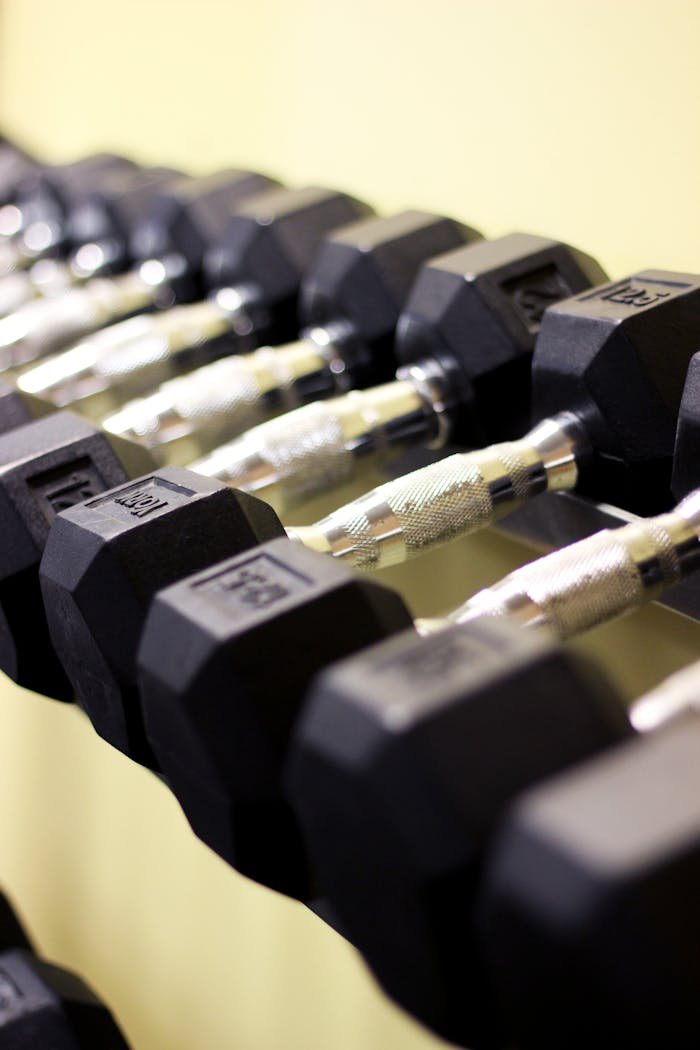Rows of hex dumbbells in a modern gym symbolize strength and fitness.